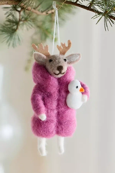 Terrain Puffer Reindeer Felt Ornament In Pink