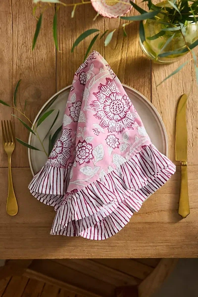 Terrain Ruffle Block Print Cotton Napkins, Set Of 4