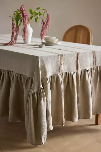 Terrain Ruffle Hem Striped Linen Tablecloth In White