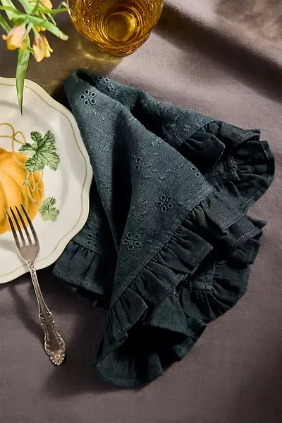 Terrain Ruffled Black Cotton Napkins, Set Of 2