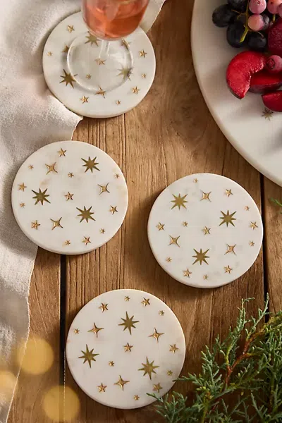 Terrain Starry Marble + Brass Coasters, Set Of 4 In White
