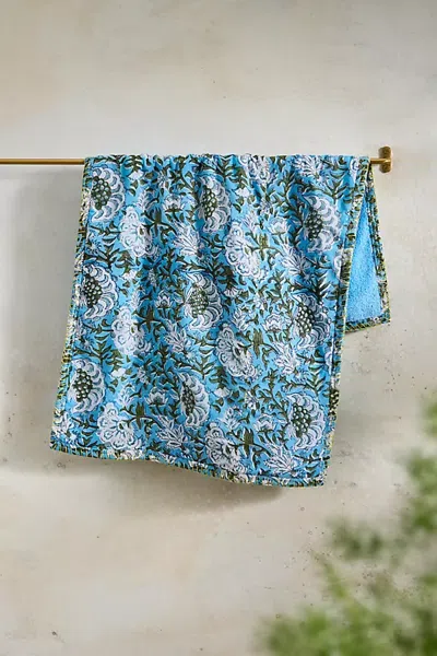 Terrain Stitched Block Print Hand Towel In Blue