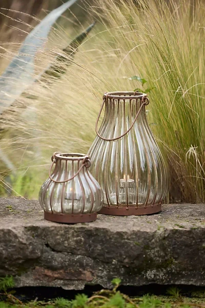 Terrain Striped Iron + Glass Lantern