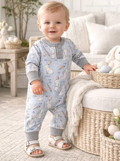 Tesa Babe Kid's Cottontail Crew Henley Romper In Blue In Gray