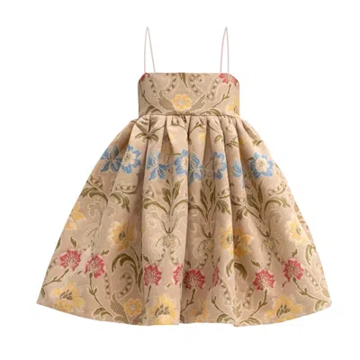 Tessa Fay Women's Neutrals / Red / Blue Neutral Floral Brocade Puff Dress In Red/blue