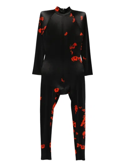 Tessitura Body Couture Floral-print Jumpsuit In Black