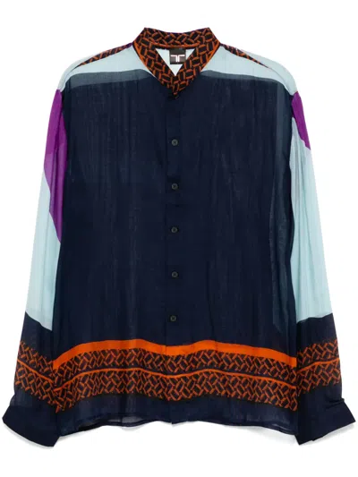 Tessitura Body Couture Printed Mandarin Collar Shirt In Blue