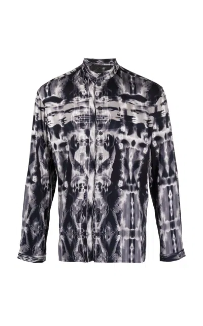 Tessitura Men's Black / White Dark Printed Mandarin Collar Shirt In Multi