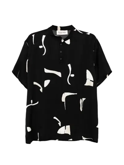 Tessitura Patterned Mandarin-collar Polo Shirt In Black