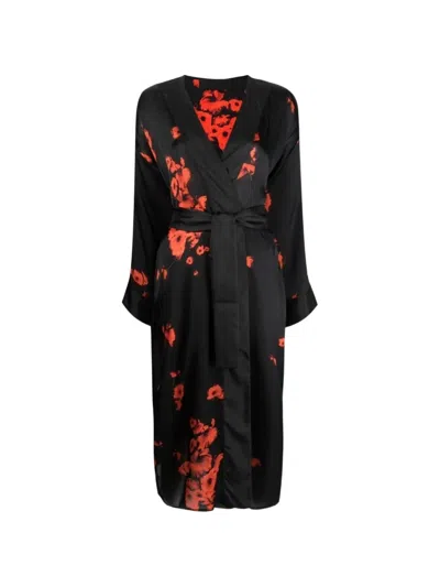 Tessitura Poppy-print Silk Kimono In Black