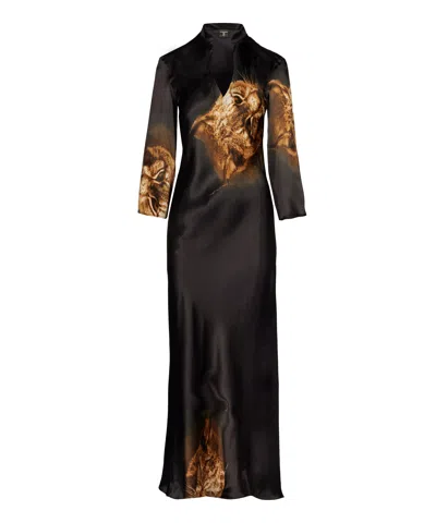 Tessitura Women's Black / Brown Mandarin Long Dress In Multi