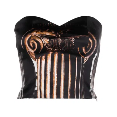Tessitura Women's Black / Gold / Brown Silk Printed Column Crop Top In Multi