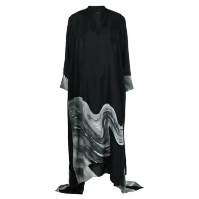 Tessitura Women's Black / White / Grey Printed Maxi Black Dress In Burgundy