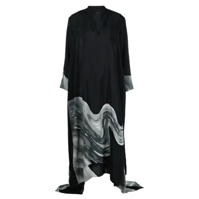 Tessitura Women's Black / White / Grey Printed Maxi Black Dress In Multi