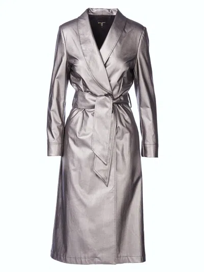 Tessitura Women's Silver Vegan Leather Trench Coat