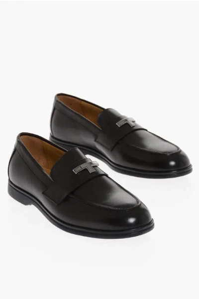 Testoni Leather Portofino Loafers With Silver-tone Detail In Black