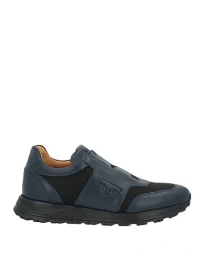 Testoni Man Sneakers Navy Size 8 Leather, Textile Fibers