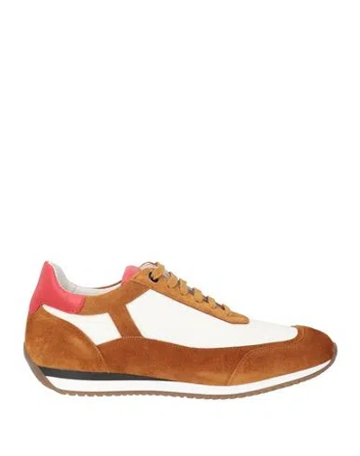 Testoni Man Sneakers Tan Size 8 Soft Leather, Textile Fibers In Brown