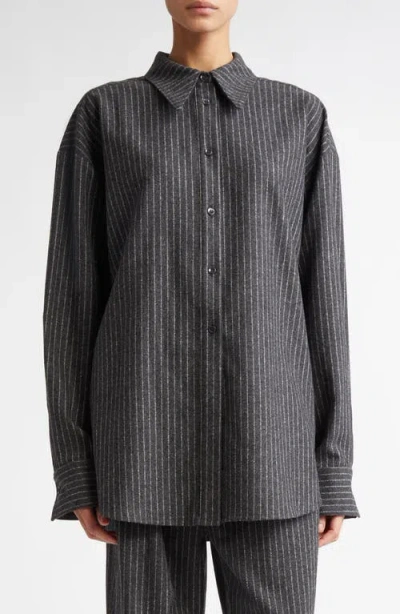 Teurn Studios Pinstripe Virgin Wool Blend Flannel Button-up Shirt In Grey Pinstripe
