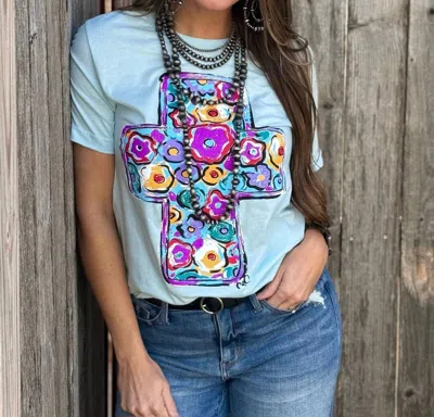 Texas True Threads Floral Cross Tee - Ice Blue