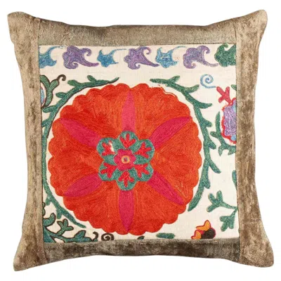 Pre-owned Textile Cultures 19th-century Silk Suzani Pillow From Bukhara With Velvet Trim In Brown