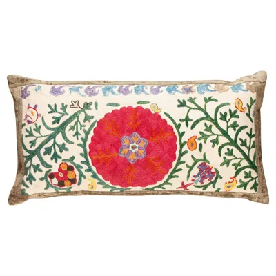 Pre-owned Textile Cultures 19th-century Silk Suzani Pillow From Bukhara With Velvet Trim In Sand