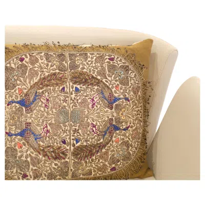 Pre-owned Textile Cultures Hand-embroidered Peacock And Floral Silk Pillow In Brown