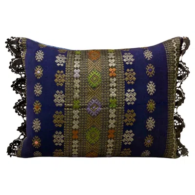 Pre-owned Textile Cultures Vintage Handwoven Silk Pillow With Black Lace Trim And Velvet Back