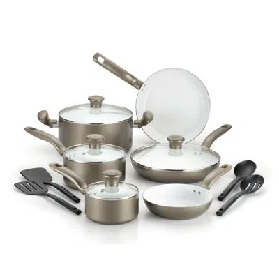 T-fal Initiatives 14 Piece Aluminum Non Stick Cookware Set In Champagne