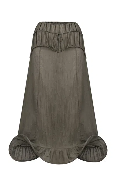 Tg Botanical Haven Ruched Cotton-blend Midi Skirt In Brown