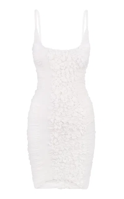 Tg Botanical Peony Ruched Cotton-blend Mini Dress In White