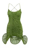 Tg Botanical Ruth Ruched Cotton Mini Dress In Green