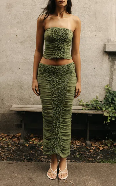 Tg Botanical Shani Ruched Cotton Midi Skirt In Green