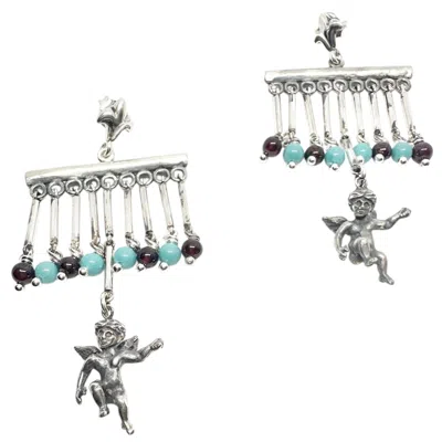 Tg-jewellery By Tamara Gervasio Women's Silver / Blue / Red Sterling Silver Cherub Chandelier Earrings With Garnet & Turquoise – Los In Multi