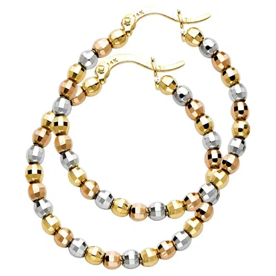 Pre-owned Tgdj 14k Tri Color Gold Beads Ball Hoop Earrings For Girls - More Sizes Available