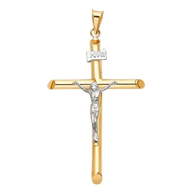 Pre-owned Tgdj 14k Two Tone Gold Crucifix Jesus Cross Charm Pendant 2.25 Inch