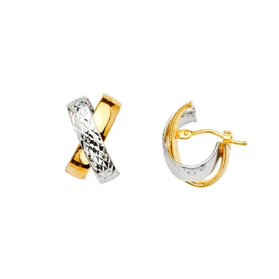 Pre-owned Tgdj 14k Two Tone Gold Diamond Cut Tube X-shape Oval Hollow Hoop Earrings For Women