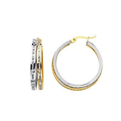 Pre-owned Tgdj 14k Two Tone Gold Rd Cz Channel 2 Line Hoop Earrings