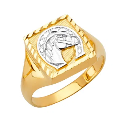 Pre-owned Tgdj 14k Yellow Gold Square Men's Ring W/horse Shoe