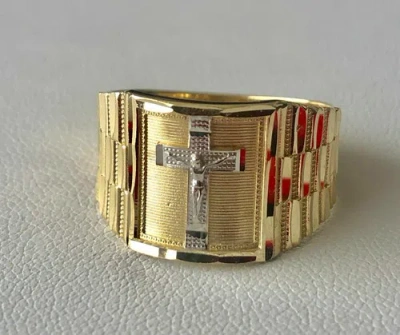 Pre-owned Tgdj Men's 14k 2 Tone Solid Gold Big Bold Jesus Crucifix Cross Religious Ring In Yellow