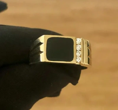 Pre-owned Tgdj Mens 14k Yellow Gold Black Onyx Cz Accent Ring Size 8, 9,10,11,12,13