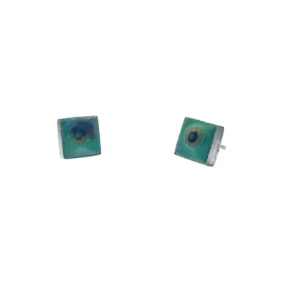 Tg-jewellery By Tamara Gervasio Women's Silver / Green / Yellow Square Enamel Stud Earrings – Hand-carved Sterling Silver – One Of A In Silver/green/yellow