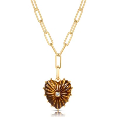Thatch Malene Heart Charm Paperclip Pendant Necklace In Tigers Eye