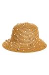 The Accessory Collective Kids' Faux Pearl Embellished Straw Floppy Hat In Brown