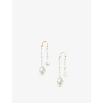 The Alkemistry Womens Yellow Poppy Finch Crescent 14ct Yellow-gold And Pearl Drop Earrings In Metallic