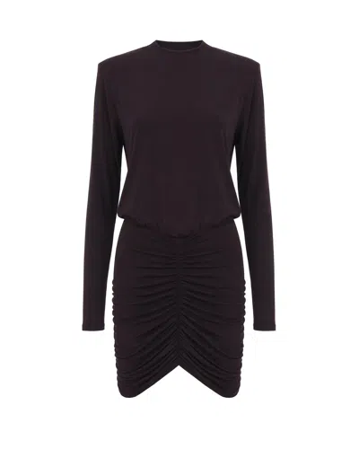 The Andamane Burgundy Structured Shoulder Ruched Viscose-blend Mini Dress In Black