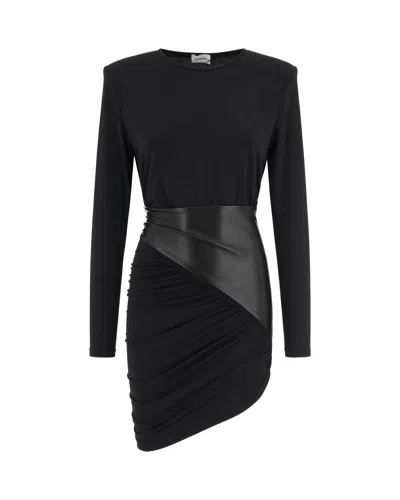The Andamane Black Ursula Vegan Leather Waistband Draped Viscose Mini Dress