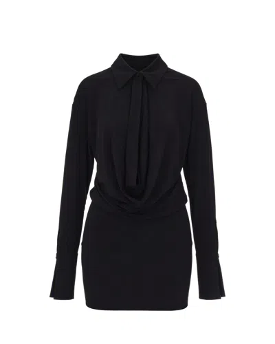 The Andamane Black Draped Gathered Polyester-blend Mini Dress