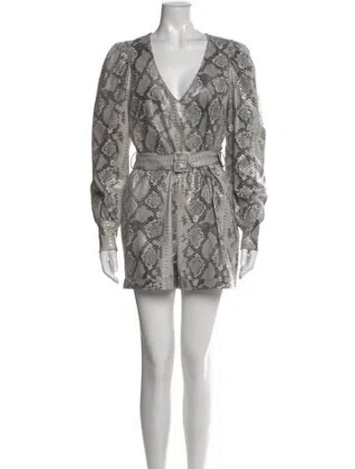 Pre-owned The Andamane Animal Print V-neck Romper In Gray