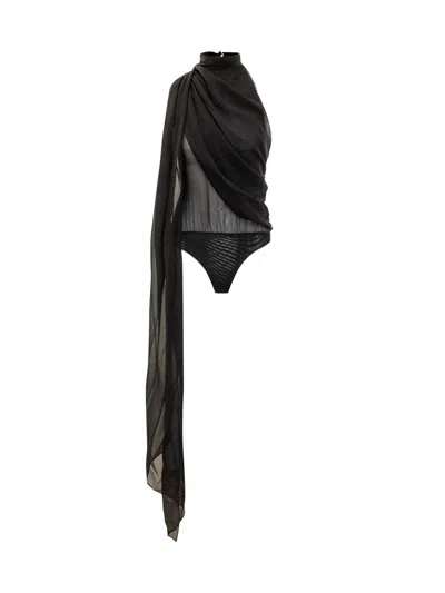 The Andamane Asymmetrical Bodysuit With Andaman Drape In Black